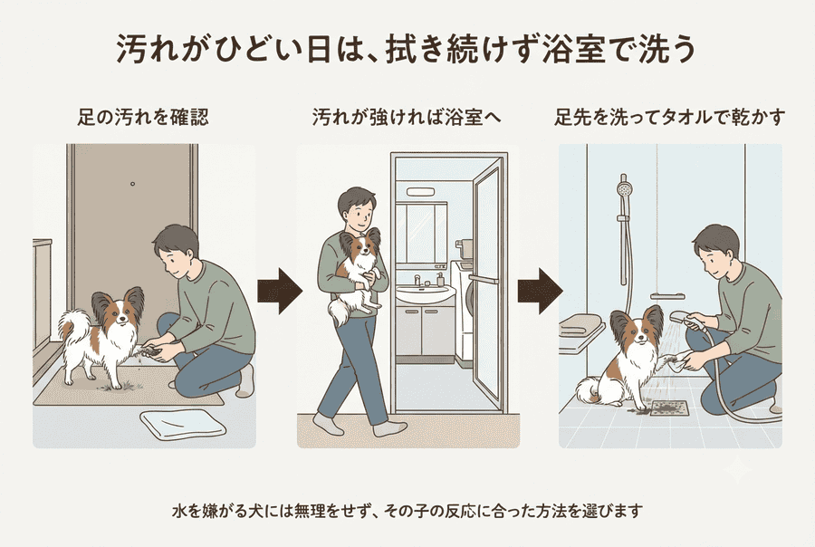 散歩後に犬の足の汚れを確認し、汚れが強い場合は抱っこして浴室へ運び、シャワーで足先を洗う流れを示したイラスト