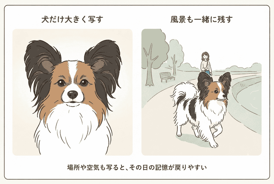 「犬だけを大きく写す」と「風景も一緒に残す」の対比イラスト