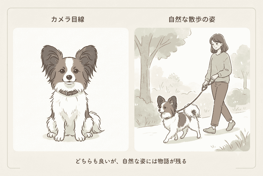 カメラ目線と自然な散歩の姿の対比イラスト